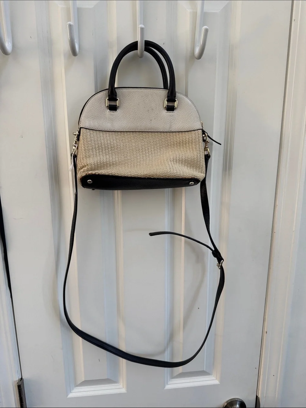 kate spade Cream and Black Textured Satchel with Crossbody Strap - Picture 4 of 10